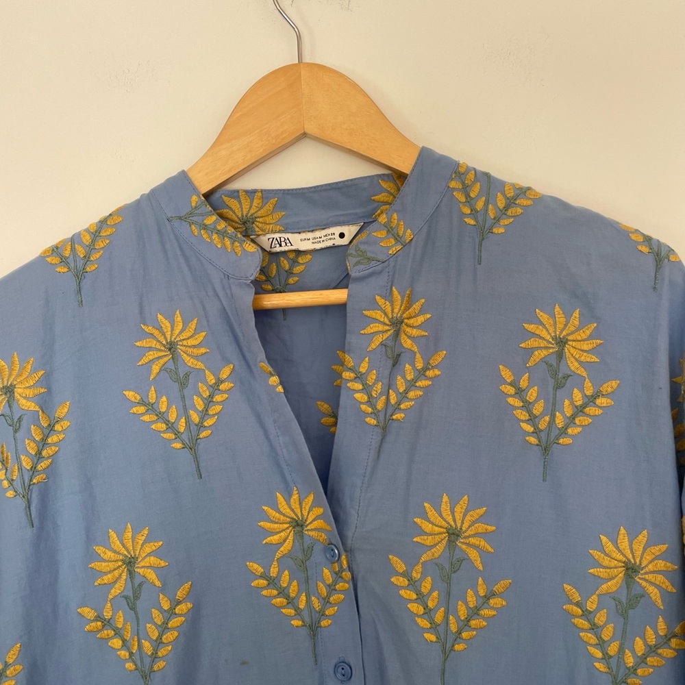 Zara Blue and Yellow Floral Long Sleeve Dress embroidered - Picture 5 of 10